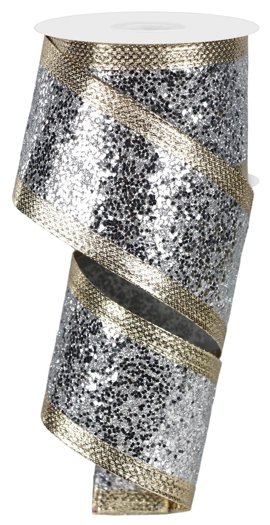 2.5" x 10yd Large Glitter Metallic Silver and Champagne Wired Ribbon