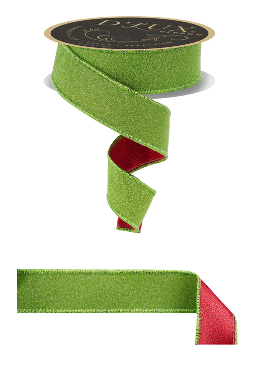 D'Lux 1.5" x 10yd Fine Glitter/Fused Red and Green Wired Ribbon