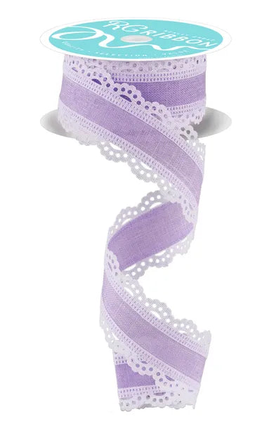 1.5" x 10yd Lavender and White Lace Edge Royal Burlap Wired Ribbon