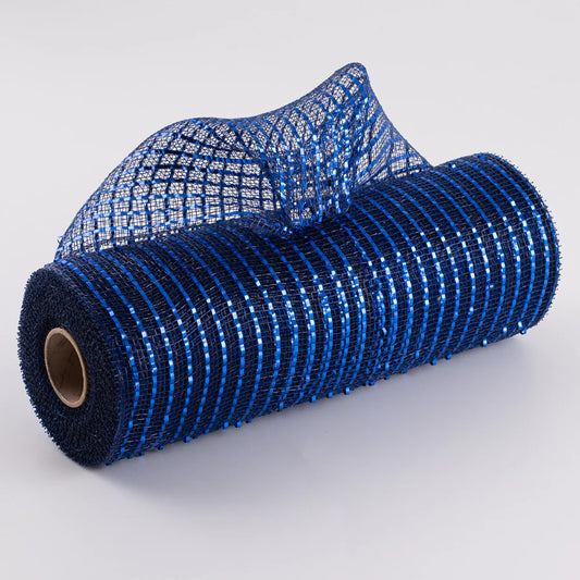 10" Poly Deco Mesh: Wide Foil Metallic Royal Blue With Navy